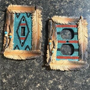 Beaded Turquoise & Coral Feathered Switch Plate Covers